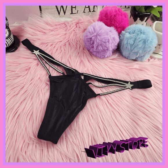 💖 NWT Victoria’s Secret Black Satin Star Rhinestones High Leg Tanga M #7263 💖 - Picture 1 of 8